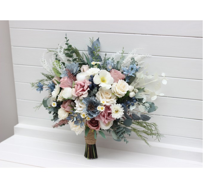 Bouquets in dusty mauve dusty blue ivory color theme. Bridal bouquet. Faux bouquet. Bridesmaid bouquet. 5303