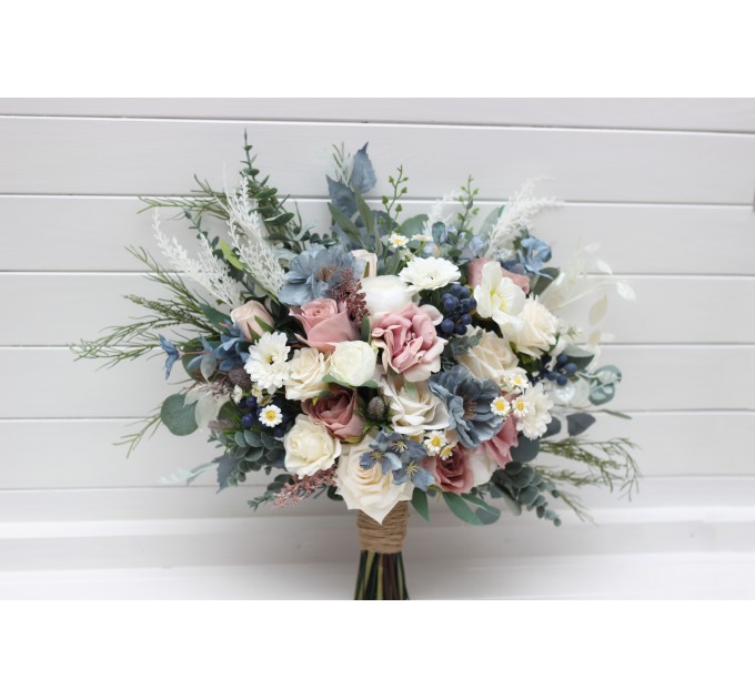 Wedding Bouquets in Dusty Mauve, Dusty Blue & Ivory | Faux Bridal & Bridesmaid Bouquets