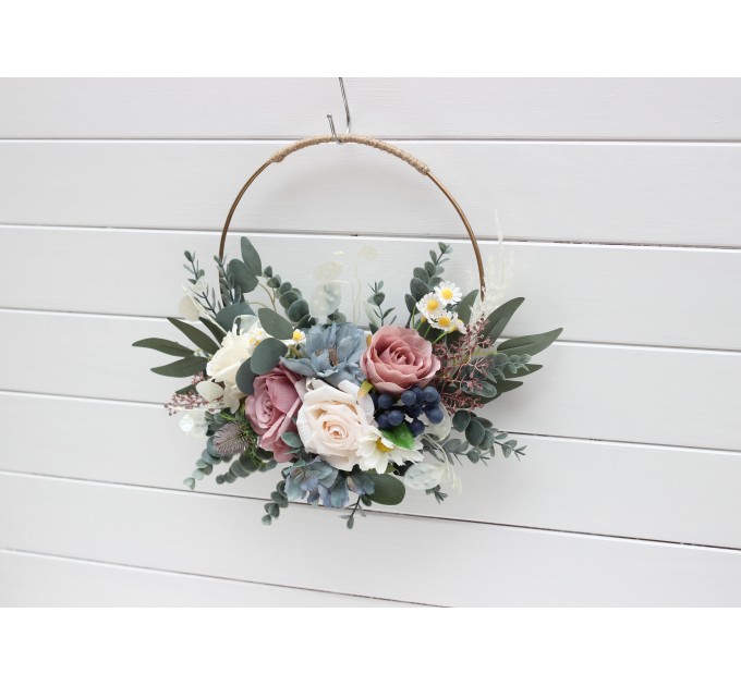 Flower hoops in dusty mauve dusty blue ivory colors. Alternative bridesmaid bouquet. 5303