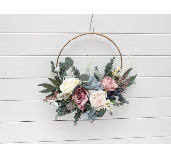 Flower hoops in dusty mauve dusty blue ivory colors. Alternative bridesmaid bouquet. 5303