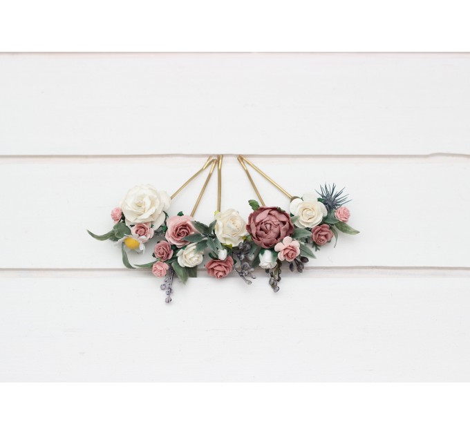 Set of 5 bobby pins in dusty blue dusty mauve ivory color scheme. Hair accessories. Flower accessories for wedding. Bridesmaid gift. 5303