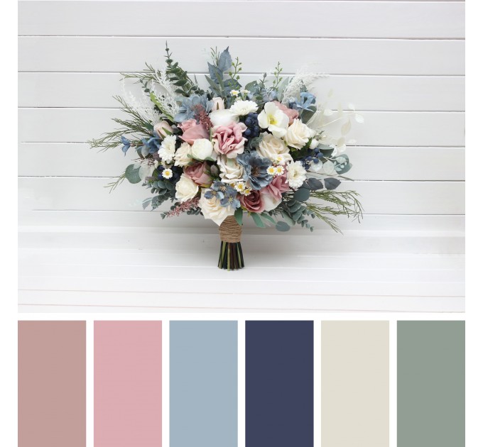 Bouquets in dusty mauve dusty blue ivory color theme. Bridal bouquet. Faux bouquet. Bridesmaid bouquet. 5303