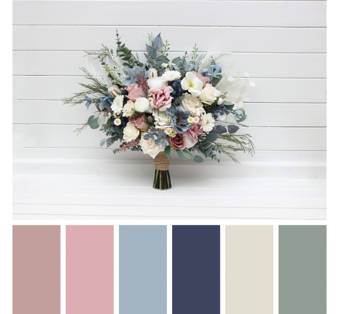 Wedding Bouquets in Dusty Mauve, Dusty Blue & Ivory | Faux Bridal & Bridesmaid Bouquets