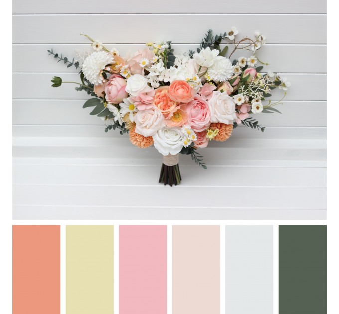 Bouquets in blush pink white peach yellow color theme. Bridal bouquet. Faux bouquet. Bridesmaid bouquet. 5301