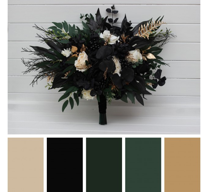 Hunter Green, Ivory, Black, and Gold Wedding Bouquets – Classic & Cascading Bridal Designs