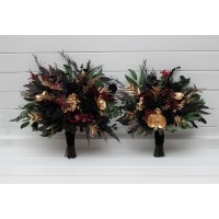 Bouquets in black burgundy gold green color scheme. Bridal bouquet. Faux bouquet. Bridesmaid bouquet. 5305