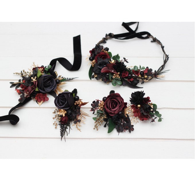 Wedding Boutonnieres and Wrist Corsage in Black, Burgundy & Gold | Flower Accessories