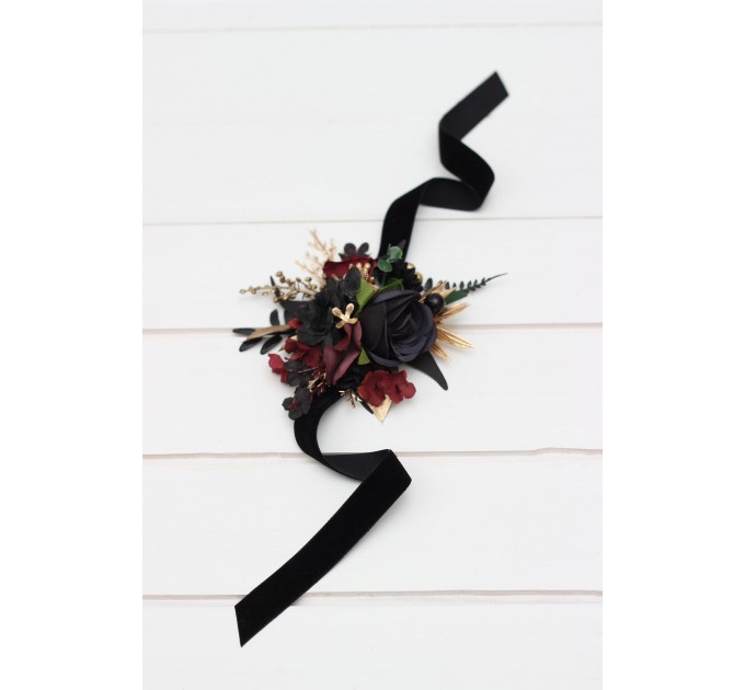 Wedding Boutonnieres and Wrist Corsage in Black, Burgundy & Gold | Flower Accessories