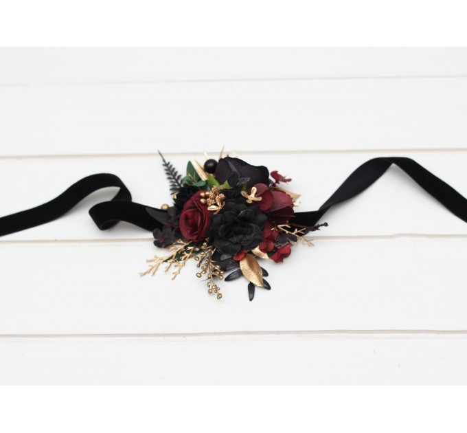 Wedding Boutonnieres and Wrist Corsage in Black, Burgundy & Gold | Flower Accessories