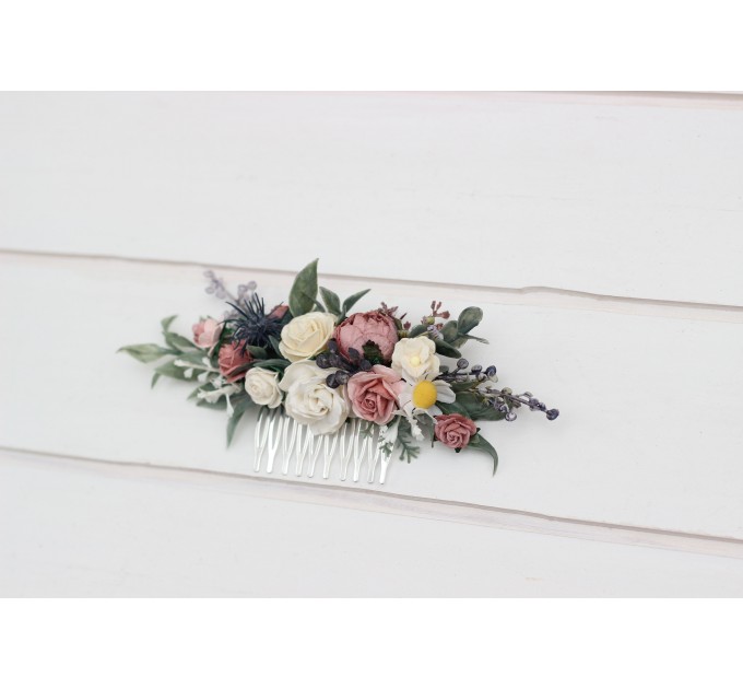 Flower comb in dusty blue dusty mauve ivory color scheme. Wedding accessories for hair. Bridal flower comb. Bridesmaid floral comb. 5303