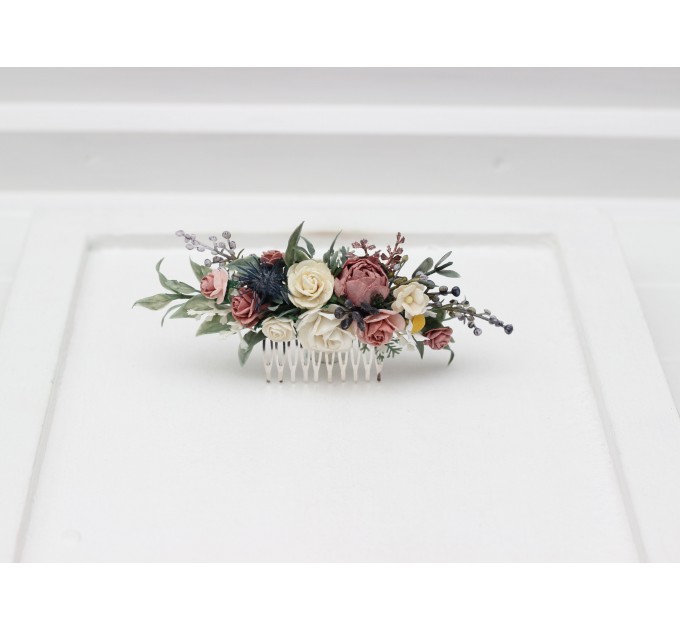 Flower comb in dusty blue dusty mauve ivory color scheme. Wedding accessories for hair. Bridal flower comb. Bridesmaid floral comb. 5303