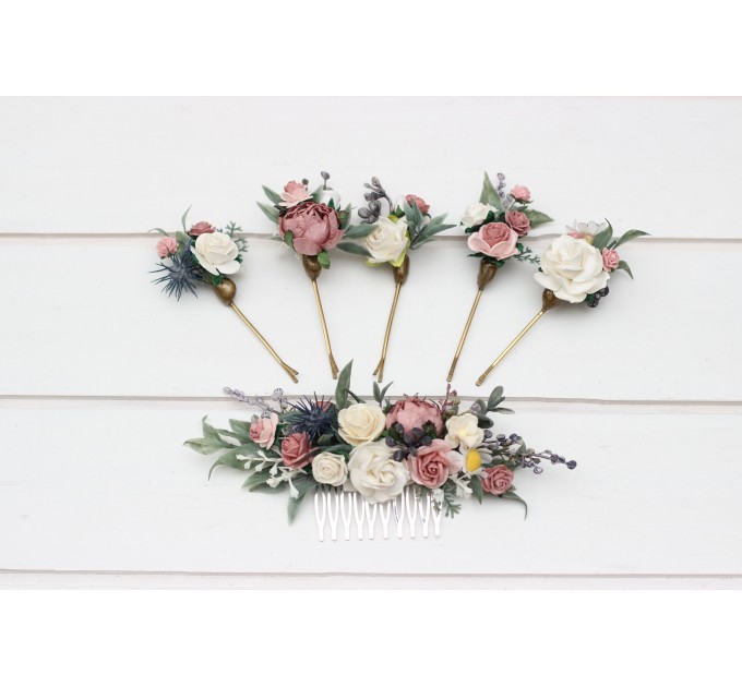 Flower comb in dusty blue dusty mauve ivory color scheme. Wedding accessories for hair. Bridal flower comb. Bridesmaid floral comb. 5303