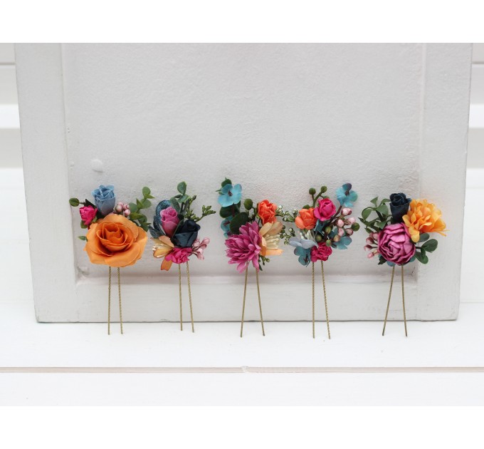 Set of 5 hair pins in jewel-tone colors. Hair accessories. Flower accessories for wedding. 5187