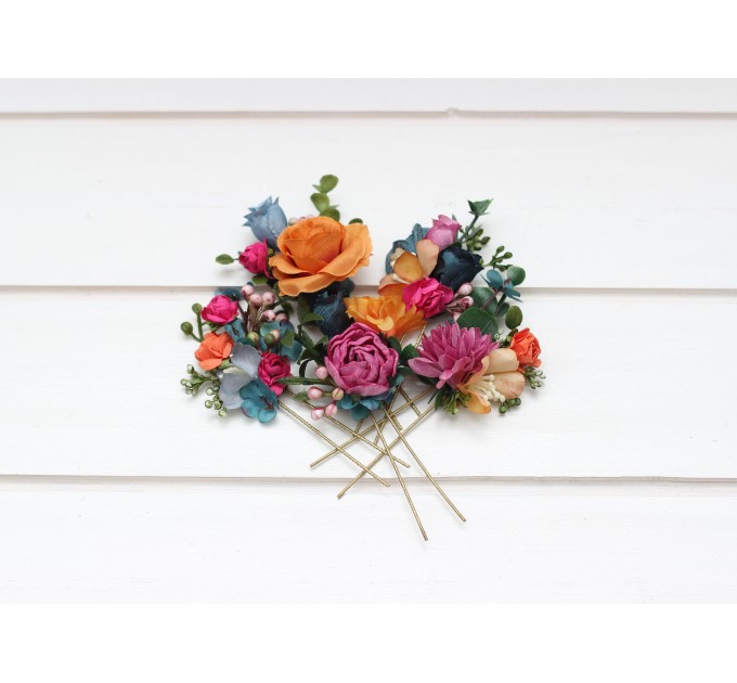 Set of 5 hair pins in jewel-tone colors. Hair accessories. Flower accessories for wedding. 5187