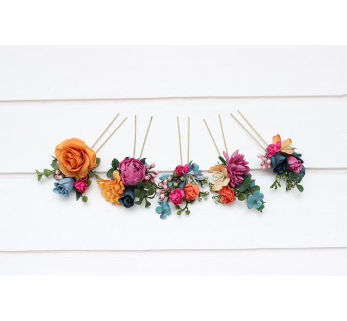 Set of 5 hair pins in jewel-tone colors. Hair accessories. Flower accessories for wedding. 5187