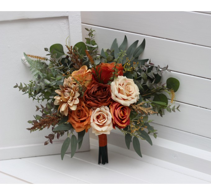 Wedding Bouquets in Rust, Orange & Gold | Dahlia & Rose Faux Bridal & Bridesmaid Cascading Bouquets