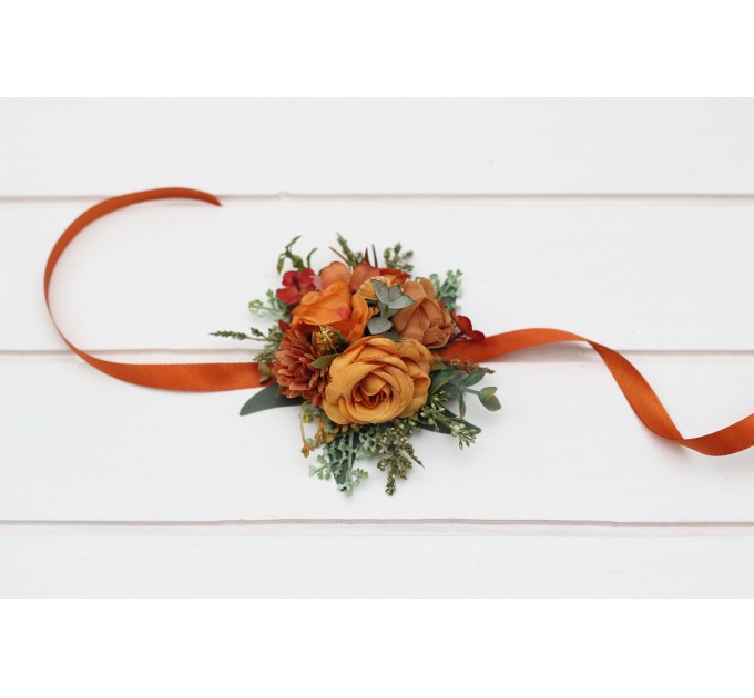 Wedding Boutonnieres and Wrist Corsage in Rust Orange | Flower Accessories