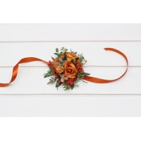  Wedding boutonnieres and wrist corsage  in rust orange color scheme. Flower accessories. 5213