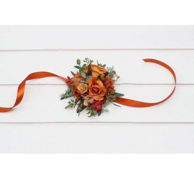 Wedding Boutonnieres and Wrist Corsage in Rust Orange | Flower Accessories