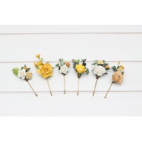 Set of 6 bobby pins. White and yellow hairpins with crystals. Flower bobby pins. Floral headpiece. Bridal flower accessories. Bridesmaid bobby pins. Bridesmaid gift.  5284