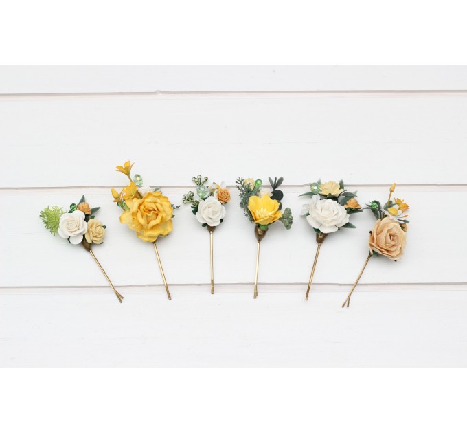 Set of 6 bobby pins. White and yellow hairpins with crystals. Flower bobby pins. Floral headpiece. Bridal flower accessories. Bridesmaid bobby pins. Bridesmaid gift. 5284