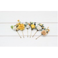 Set of 6 bobby pins. White and yellow hairpins with crystals. Flower bobby pins. Floral headpiece. Bridal flower accessories. Bridesmaid bobby pins. Bridesmaid gift.  5284