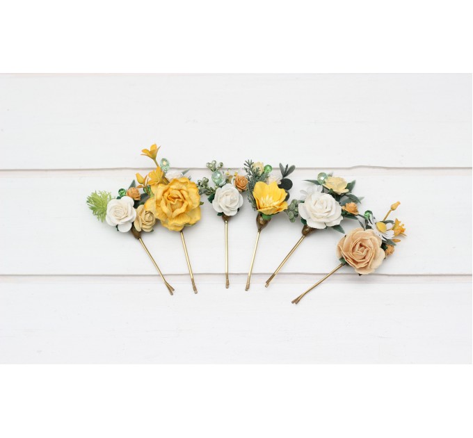 Set of 6 bobby pins. White and yellow hairpins with crystals. Flower bobby pins. Floral headpiece. Bridal flower accessories. Bridesmaid bobby pins. Bridesmaid gift. 5284