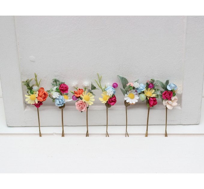 Set of 7 bobby pins. Colorful hairpins. Flower bobby pins. Floral headpiece. Bridal hair accessories. Bridesmaid bobby pins. Bridesmaid gift. Wildflowers bobby pins. Daisies hair pins. 5306