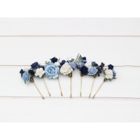 Set of 7 pins. Dusty blue navy blue white hairpins. Flower bobby pins. Floral headpiece. Bridal flower accessories. Bridesmaid gift.  5308