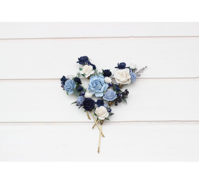 Set of 7 pins. Dusty blue navy blue white hairpins. Flower bobby pins. Floral headpiece. Bridal flower accessories. Bridesmaid gift. 5308