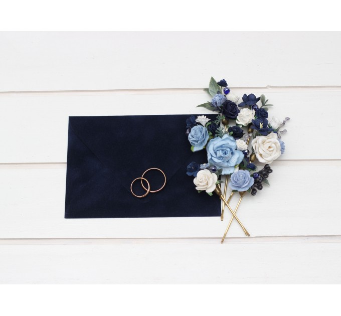 Set of 7 pins. Dusty blue navy blue white hairpins. Flower bobby pins. Floral headpiece. Bridal flower accessories. Bridesmaid gift. 5308
