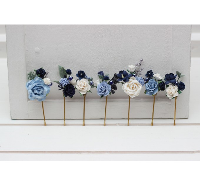 Set of 7 pins. Dusty blue navy blue white hairpins. Flower bobby pins. Floral headpiece. Bridal flower accessories. Bridesmaid gift. 5308