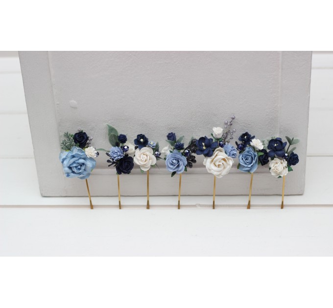 Set of 7 pins. Dusty blue navy blue white hairpins. Flower bobby pins. Floral headpiece. Bridal flower accessories. Bridesmaid gift. 5308