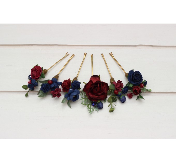 Bridesmaid gift. Set of 6 bobby pins.Burgundy navy blue hairpins. Flower bobby pins. Floral headpiece. Bridal flower accessories. Bridesmaid bobby pins. 5307