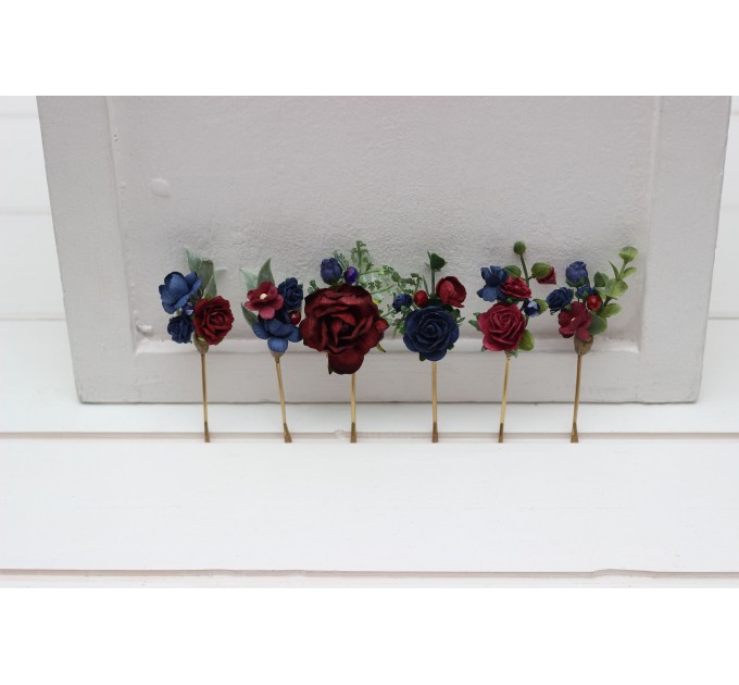 Bridesmaid gift. Set of 6 bobby pins.Burgundy navy blue hairpins. Flower bobby pins. Floral headpiece. Bridal flower accessories. Bridesmaid bobby pins. 5307