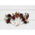 Set of 8 bobby pins in burgundy navy blue and rust color scheme. Hair accessories. Flower accessories for wedding. 5343