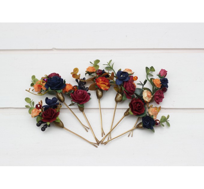 Set of 8 bobby pins in burgundy navy blue and rust color scheme. Hair accessories. Flower accessories for wedding. 5343