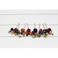  Set of  8 bobby pins  in  burgundy navy blue and rust color scheme. Hair accessories. Flower accessories for wedding.  5343