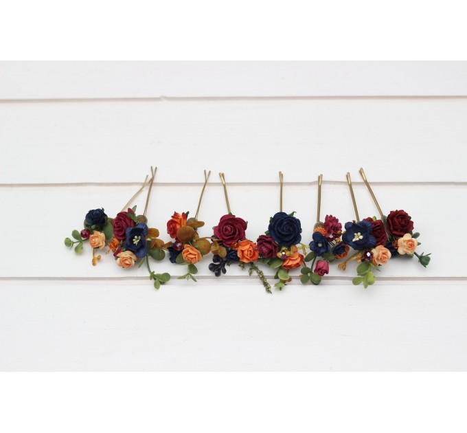 Set of 8 bobby pins in burgundy navy blue and rust color scheme. Hair accessories. Flower accessories for wedding. 5343