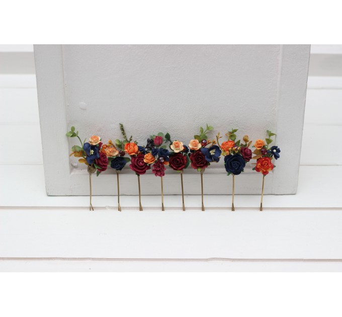 Set of 8 bobby pins in burgundy navy blue and rust color scheme. Hair accessories. Flower accessories for wedding. 5343