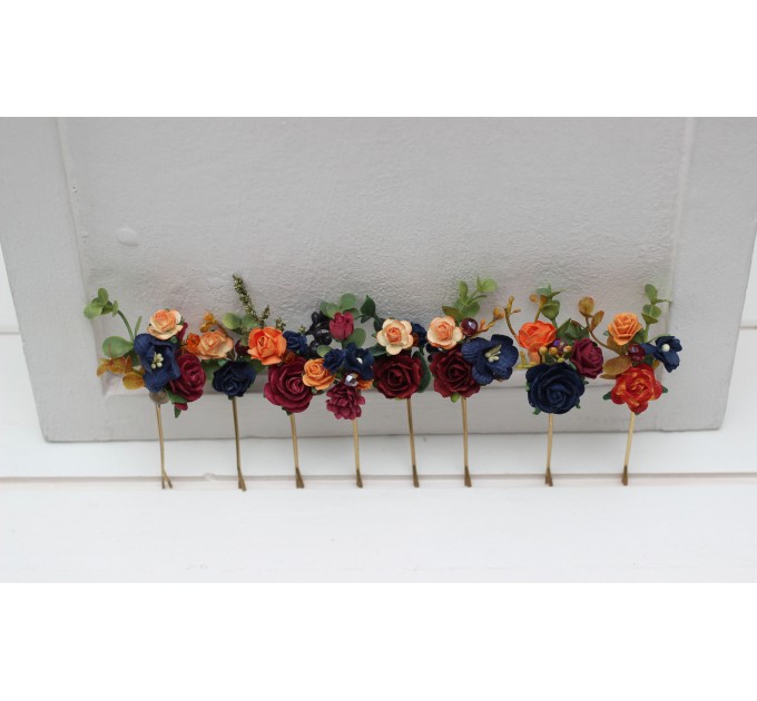 Set of 8 bobby pins in burgundy navy blue and rust color scheme. Hair accessories. Flower accessories for wedding. 5343