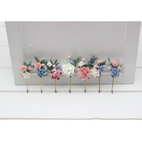 Set of  7 hair pins in  pink dusty blue color scheme. Hair accessories. Flower accessories for wedding.  5313