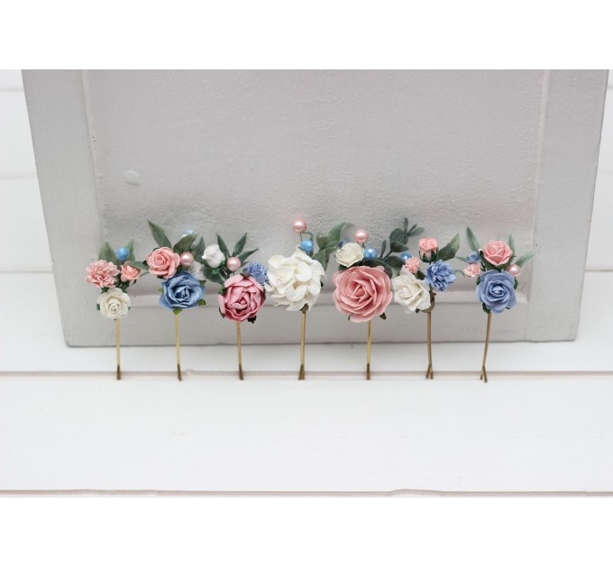 Set of 7 hair pins in pink dusty blue color scheme. Hair accessories. Flower accessories for wedding. 5313