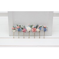  Set of  7 hair pins in  pink dusty blue color scheme. Hair accessories. Flower accessories for wedding.  5313