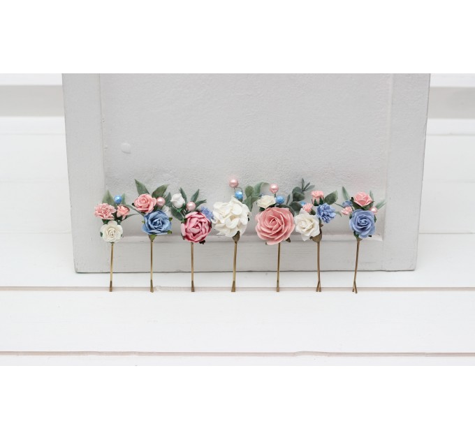 Set of 7 hair pins in pink dusty blue color scheme. Hair accessories. Flower accessories for wedding. 5313