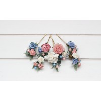  Set of  7 hair pins in  pink dusty blue color scheme. Hair accessories. Flower accessories for wedding.  5313