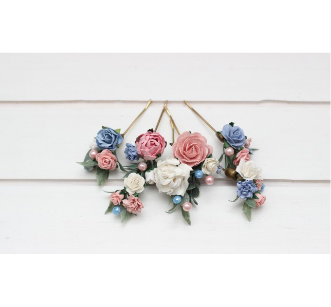 Set of 7 hair pins in pink dusty blue color scheme. Hair accessories. Flower accessories for wedding. 5313