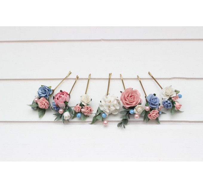 Set of 7 hair pins in pink dusty blue color scheme. Hair accessories. Flower accessories for wedding. 5313