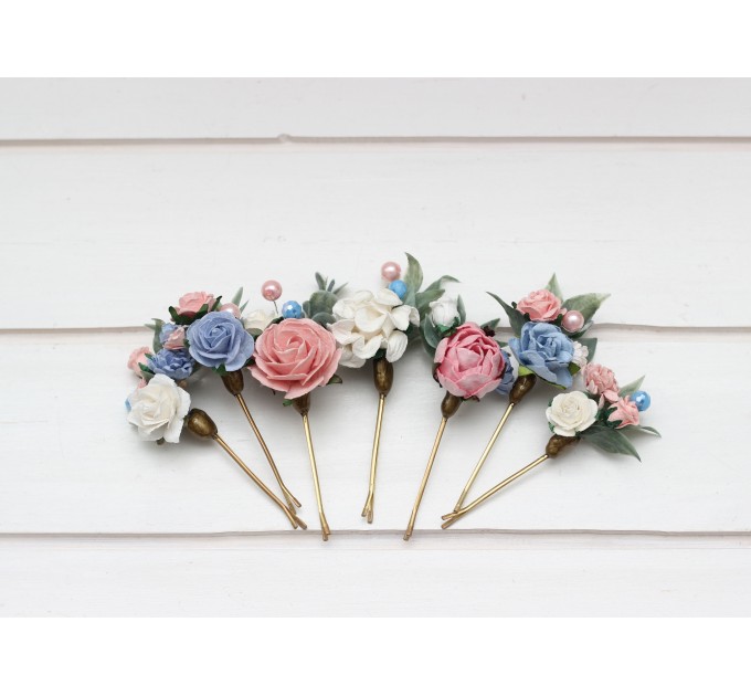 Set of 7 hair pins in pink dusty blue color scheme. Hair accessories. Flower accessories for wedding. 5313