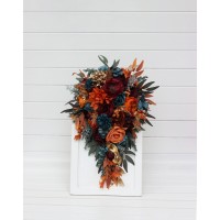 Teal rust gold cascading bouquet. Orange burgundy bridal bouquet. Fall wedding. Silk flowers. Boho wedding. Halloween wedding. Jewel-tone wedding. 5311